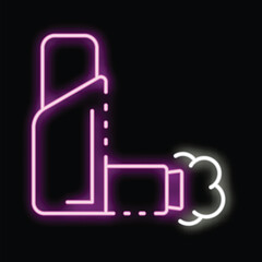 Neon purple inhaler spraying fine mist providing respiratory relief for asthma sufferers