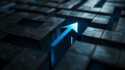 A striking image of a blue arrow guiding through a dark maze, symbolizing problem solving journey
