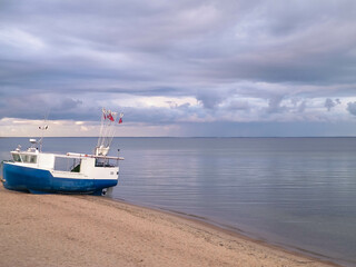 Fishing boat on a Baltic Sea coast in Mechelinki, Poland.