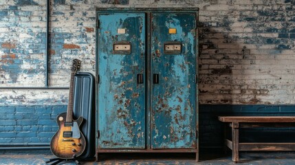 Rusty Blue Locker with Electric Guitar and Wooden Bench