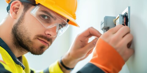 An electrician in protective goggles and a yellow hard hat meticulously works on an electrical switch panel, showcasing technical precision, safety, and skill in action.