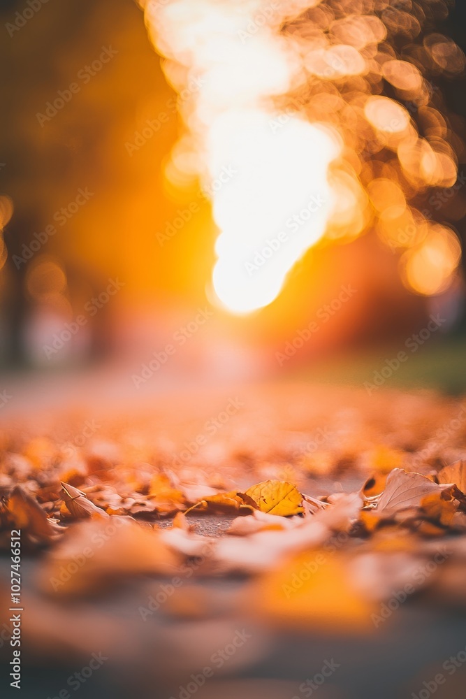 Poster A golden autumn bokeh background with maple leaves in sunlight. A beautiful nature background with forest ground. Banner. Idea of fall season.