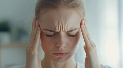 Fototapeta premium Woman with Headache Rubbing Her Temples in Pain