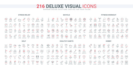 Sport equipment and golf club, healthy habits line icon set. Food, pills and communication to help with stress, bicycle road travel and hobby thin black and red outline symbols vector illustration