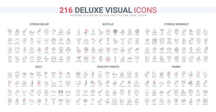 Sport equipment and golf club, healthy habits line icon set. Food, pills and communication to help with stress, bicycle road travel and hobby thin black and red outline symbols vector illustration