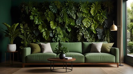 A modern sofa positioned against a lush green wall filled with plants, creating a minimalist and contemporary living space. The green backdrop enhances the room's natural aesthetic