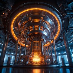 Obraz premium A futuristic fusion energy reactor generating clean energy, glowing plasma inside the reactor core, energy science, sustainability, technology, Generative AI