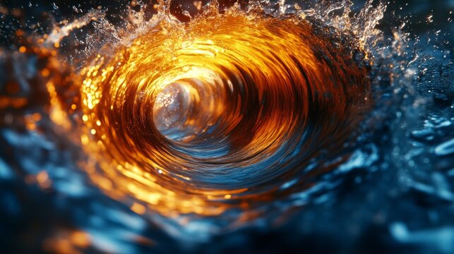 A stunning visual of a swirling water vortex glowing with vibrant orange light, depicting a mesmerizing interplay of fluid dynamics and luminescence, captured at night.