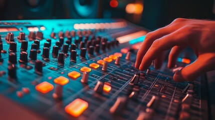 A sound engineer's hand maneuvering the knobs and sliders on a colorful audio mixing console,...