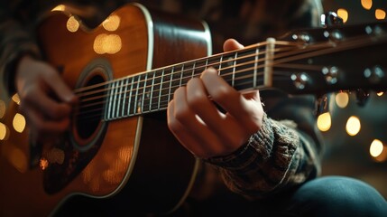 Fototapeta premium A person skillfully strumming an acoustic guitar adorned with warm ambient lighting, embodying the essence of music, creativity, and artistic expression.
