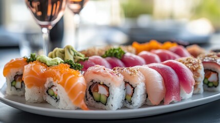 A vibrant sushi platter elegantly arranged with a diverse selection of fresh ingredients, showcasing both traditional and modern culinary artistry in presentation.