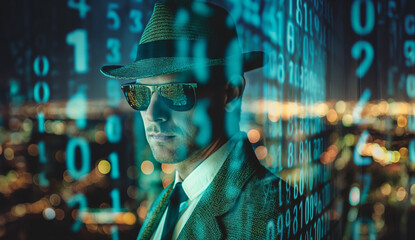 Corporate Spy Analyzing Encrypted Data in High-Tech Cybersecurity Concept