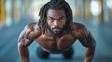 Muscular man with intense focus performing push-ups in a sleek, modern gym environment, highlighting physical strength, fitness dedication, and a healthy lifestyle.