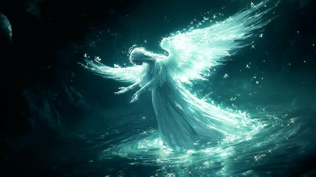 A translucent angel with silver wings. floating over a tranquil moonlit lake. Looping 4k video animation background