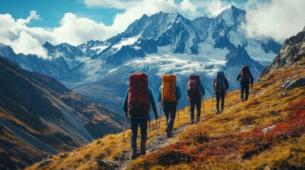 Fototapeta premium A breathtaking scene of hikers ascending a scenic mountain trail, bathed in sunlight, surrounded by snow-capped peaks and colorful autumn foliage, exploring nature.