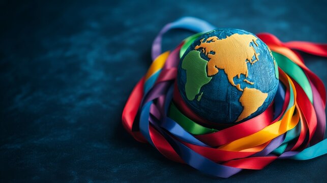 A small Earth globe is encircled by colorful ribbons representing unity and diversity, symbolizing the world's interconnected cultures and peaceful coexistence.