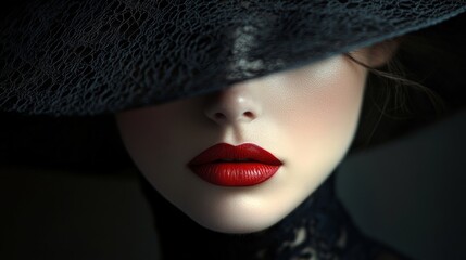 A woman's lips, painted in vivid red, partially obscured by a wide brimmed lace hat, create an enigmatic and seductive portrait, blending elegance and mystery.