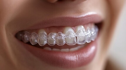 Obraz premium A detailed close-up image showcasing a person smiling with clear aligners on their teeth, highlighting modern orthodontic solutions for a confident smile.