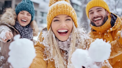 Friends enjoying a cheerful winter day playing snowball fights and sharing laughter in a snowy outdoor setting