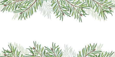 Hand painted watercolor illustration of fir branches in a Christmas frame design. Christmas illustration of a frame made of fir branches. Ideal for Christmas and winter holiday decorations.