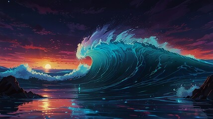 A massive neon wave of electric blues, purples, and pinks arcs across the screen. The glowing wave pulses with vibrant light, casting reflections on a dark, futuristic landscape, UHD 8K.