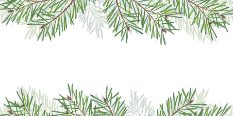 Hand painted watercolor illustration of fir branches in a Christmas frame design. Christmas illustration of a frame made of fir branches. Ideal for Christmas and winter holiday decorations. © Tishina