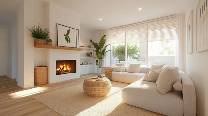 Fototapeta premium A bright and airy living room featuring cozy fireplace, modern furniture, and natural decor elements. space is inviting and perfect for relaxation