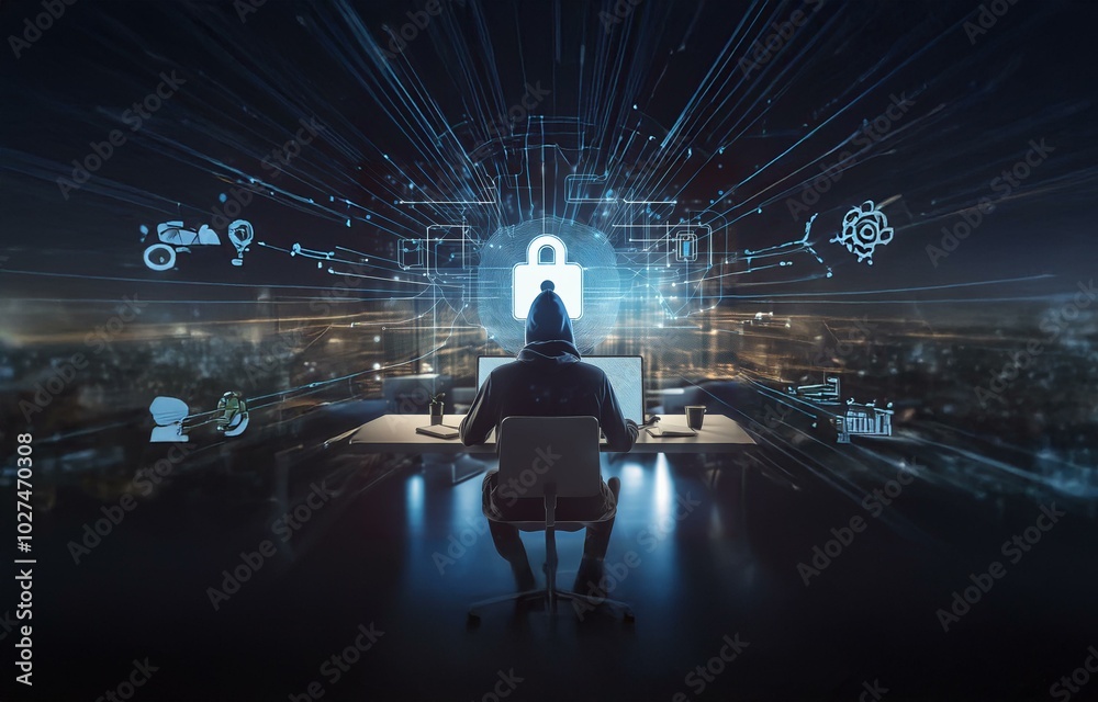 Poster A hooded figure sits at a desk in front of a glowing computer screen, with a padlock icon and glowing lines as the backdrop.