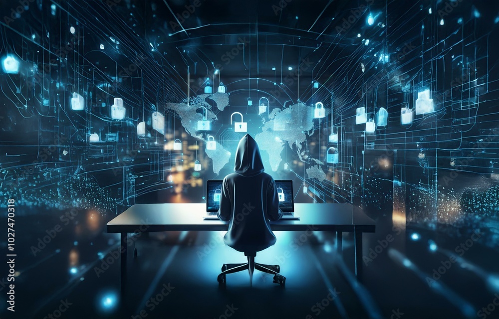 Poster a hooded figure sits in front of two laptops, a digital world filled with glowing lines, dots, and l