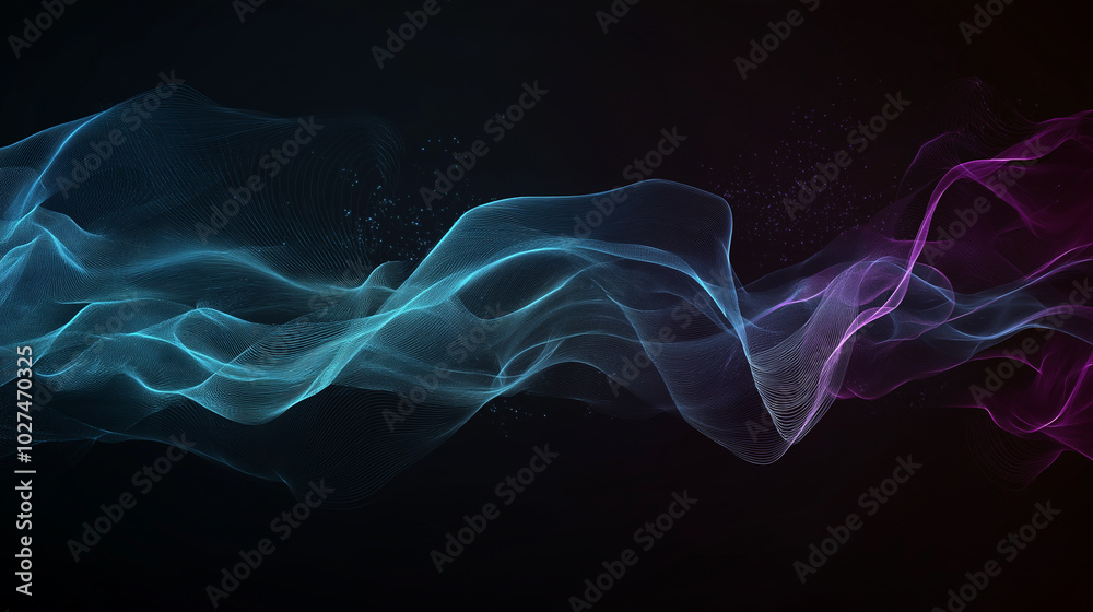 Poster abstract tech background in the form of blue waves, consisting of a large number of digital connecti