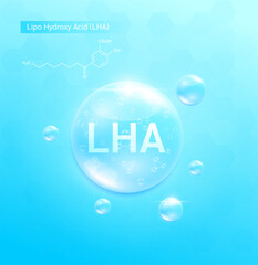 LHA Lipo Hydroxy Acid solution blue and chemical structure formula. Serum skin care face for cosmetics ads. Medical beauty science. Vector EPS10.
