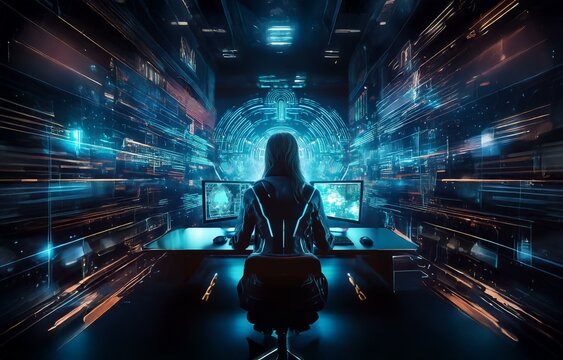 A person sits in front of two computer monitors, looking at a glowing blue and cyan digital interface in the background.