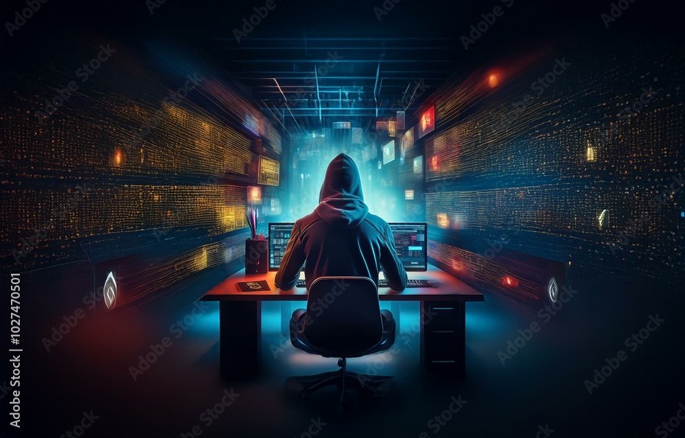 Poster A hooded figure sits in a dark room, facing a computer with glowing screens. The background is filled with lines of code, illuminated by a neon glow.