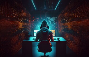 A hooded figure sits at a desk in front of a computer, facing away from the viewer, surrounded by glowing digital lines and a world map.