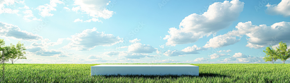 Poster Modern White Pedestal on Grass with Blue Sky Background for Showcase Presentation