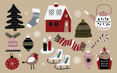 Cute vector set with Christmas illustrations. Gifts, House, Christmas tree, Rat king, Scarf, Christmas decorations, Candles, Hat, Skates. New year's decoration elements.