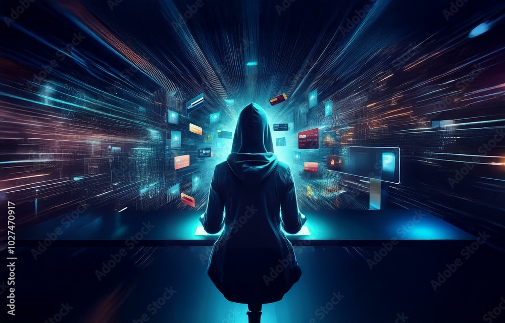 Poster A hooded figure sits in front of a computer, surrounded by a digital storm of credit cards and data streams.