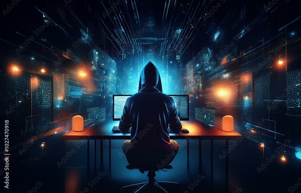 Aufkleber a hooded figure sits in front of two computer monitors against a glowing blue and orange background.