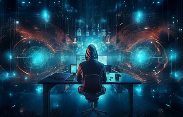 A hooded figure sits at a desk in front of multiple computer monitors.  The background is an abstract digital design of blue and orange lines and shapes.