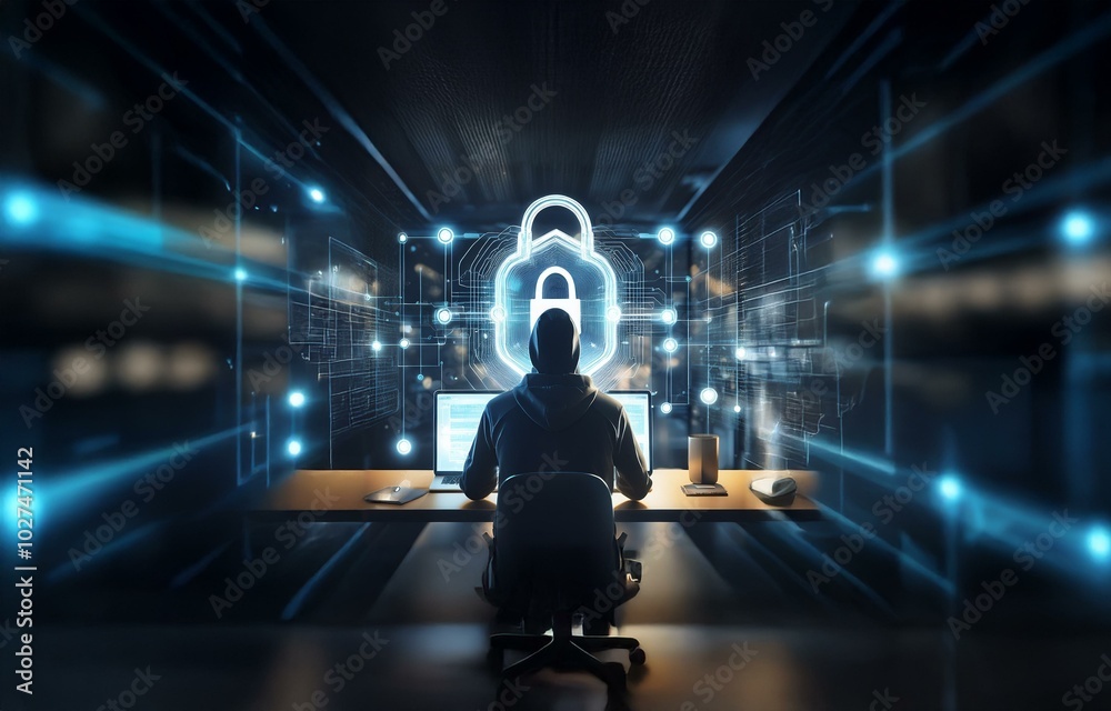 Poster a hooded figure sits in front of two computer monitors, a glowing lock icon in the background, symbo