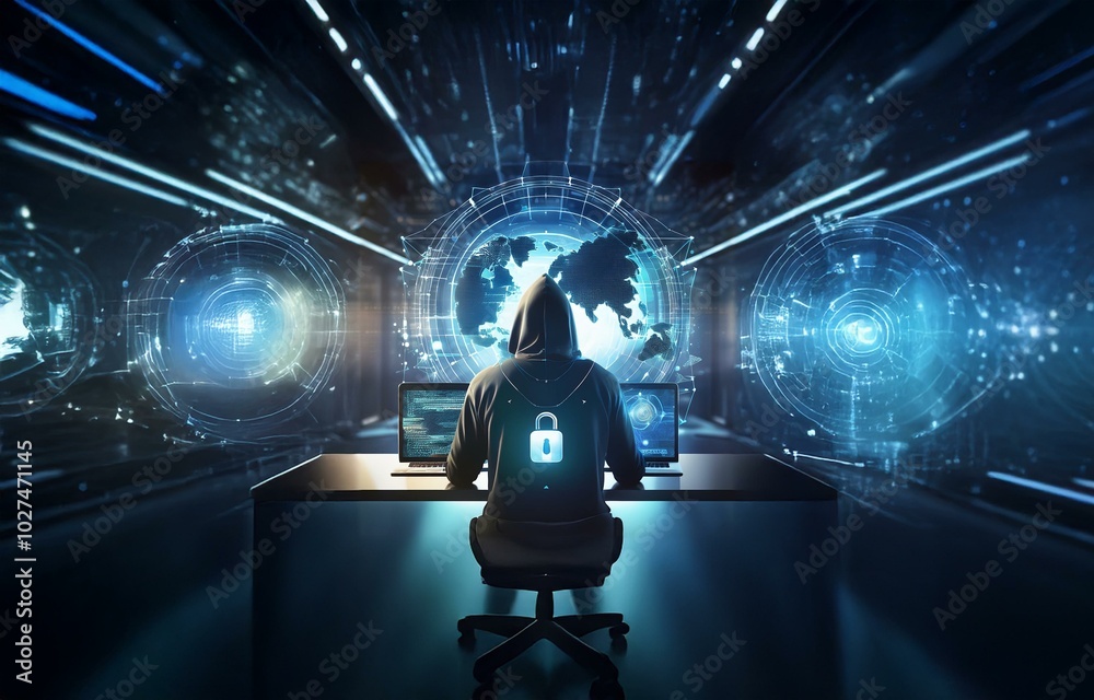 Poster A hooded figure sits in front of a computer with a glowing globe behind them, suggesting an online presence.