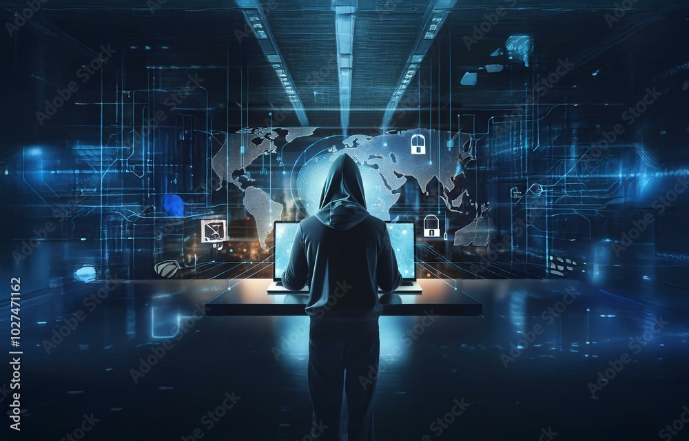 Poster A hooded figure sits in front of a laptop in a dark room, with a world map and digital patterns projected onto the wall behind them.