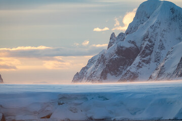 Beautiful nature in Antarctica. South Pole. Seascape and landscape. Snow and mountains.