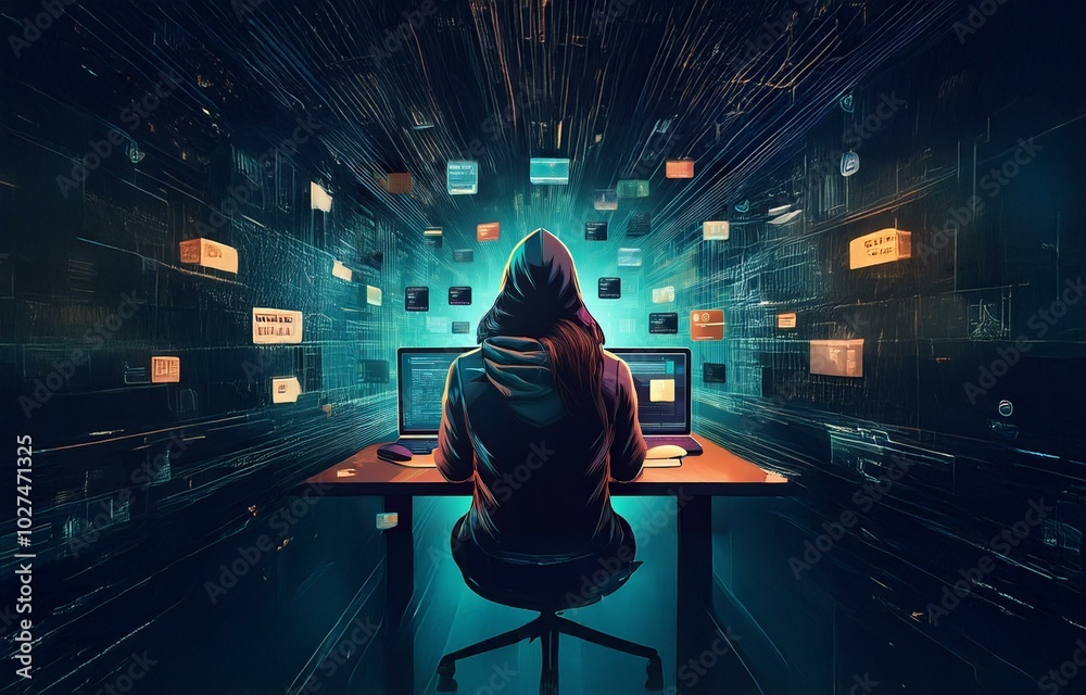 Aufkleber A hooded figure sits in front of a computer, surrounded by digital data streaming around them.