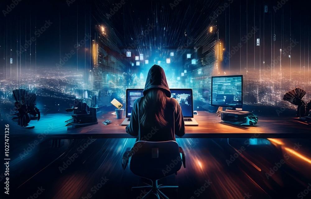 Poster a hooded figure sits in front of a desk, using multiple devices to monitor a city skyline at night.
