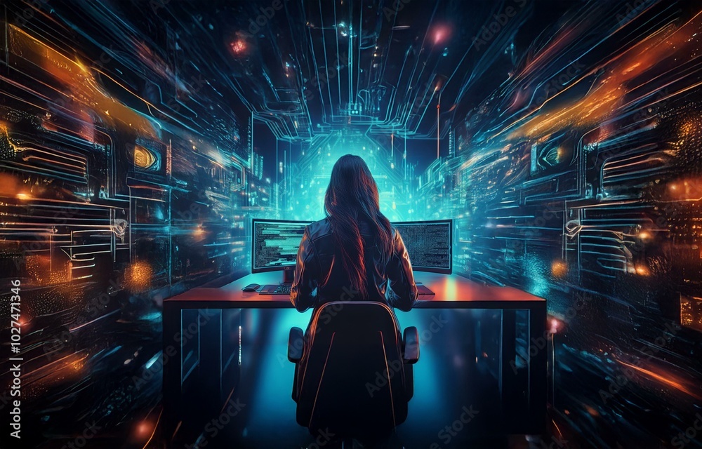 Poster a lone figure sits at a desk in front of two computer monitors, facing an array of glowing, abstract