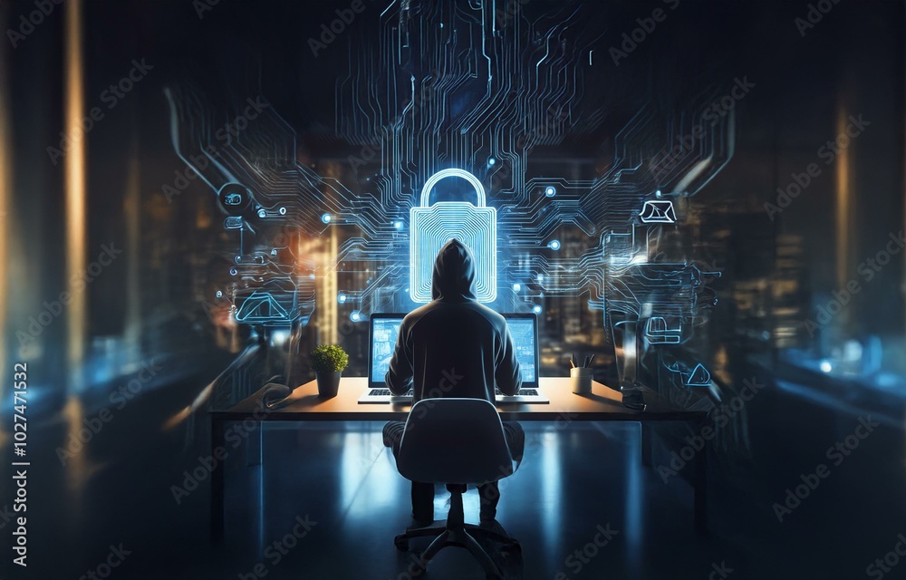 Poster a hooded figure sits at a desk in front of two computers, a glowing blue padlock above them, against