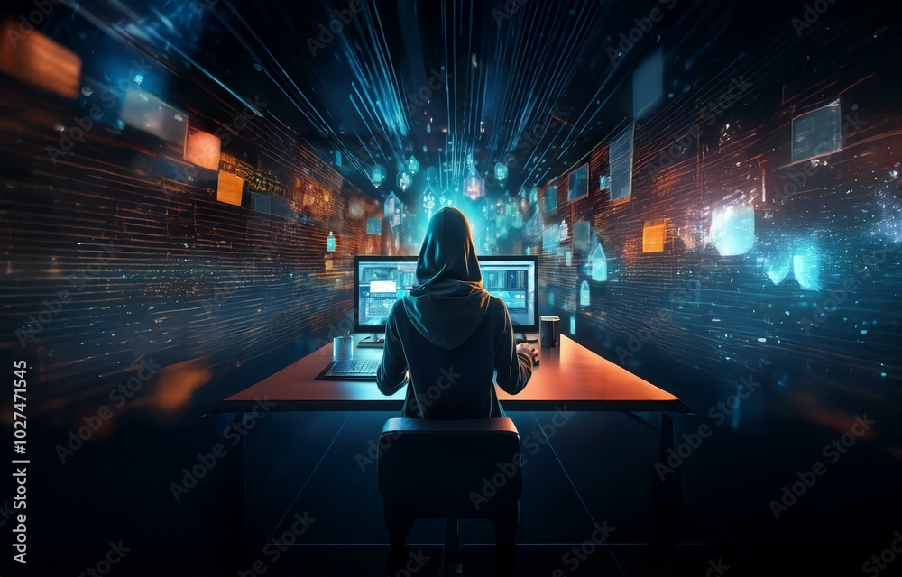 Poster a hooded figure sits in a dark room, working at a computer, surrounded by abstract digital elements.
