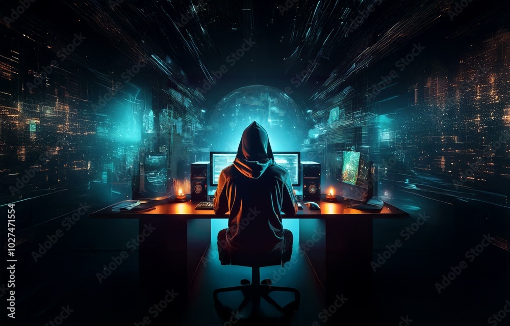 Poster A hooded figure sits in front of a computer in a dark room, illuminated by blue and orange light. The figure is facing away from the viewer.