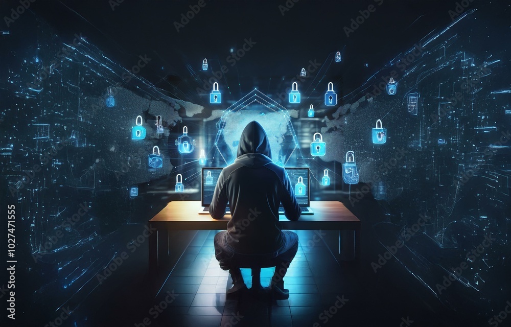 Poster a hooded figure sits at a desk with two laptops open in front of them. a digital world surrounds the
